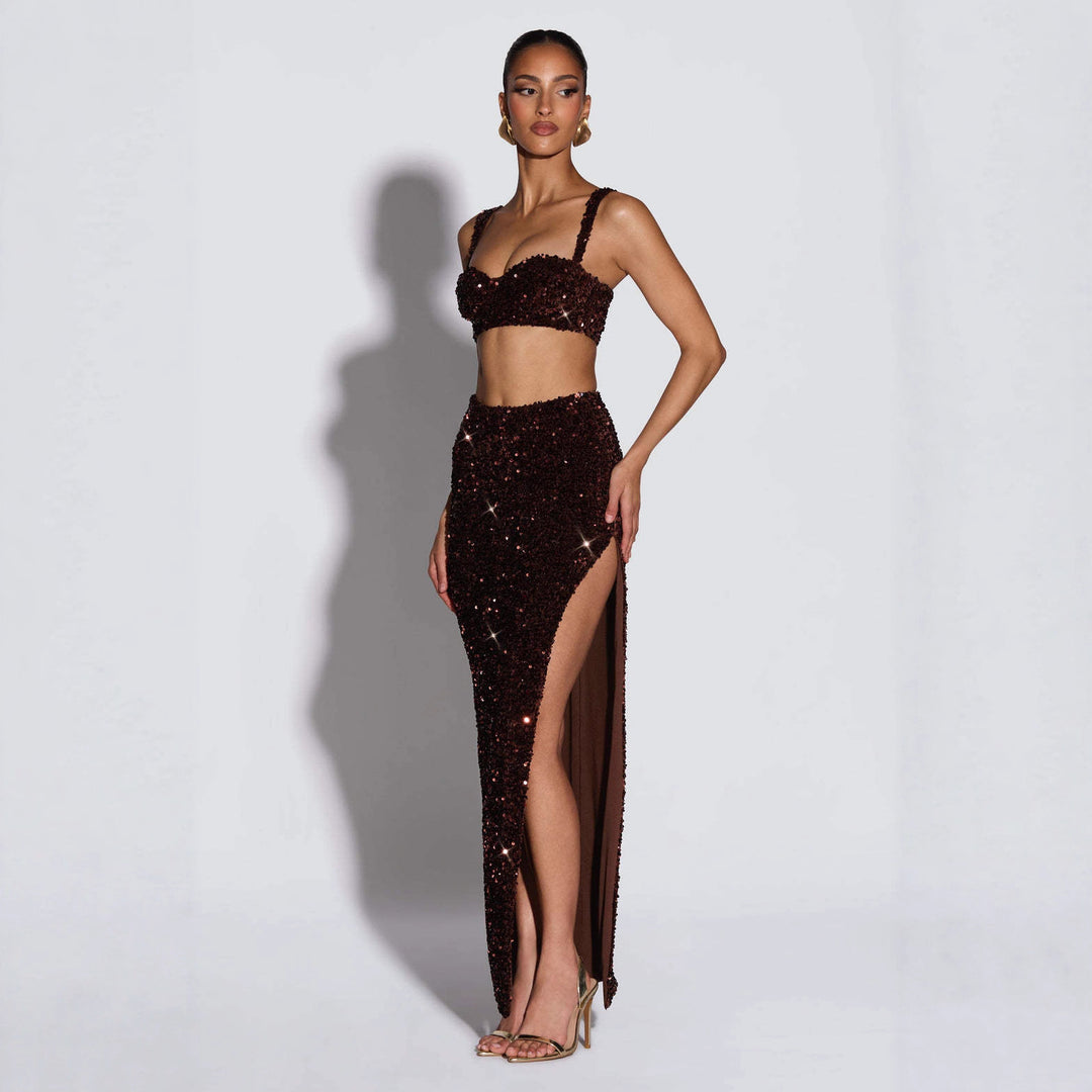 Damen Glitzerndes Abendkleid mit tiefem Schlitz und raffinierten Trägern R&B