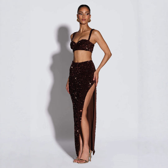 Damen Glitzerndes Abendkleid mit tiefem Schlitz und raffinierten Trägern R&B