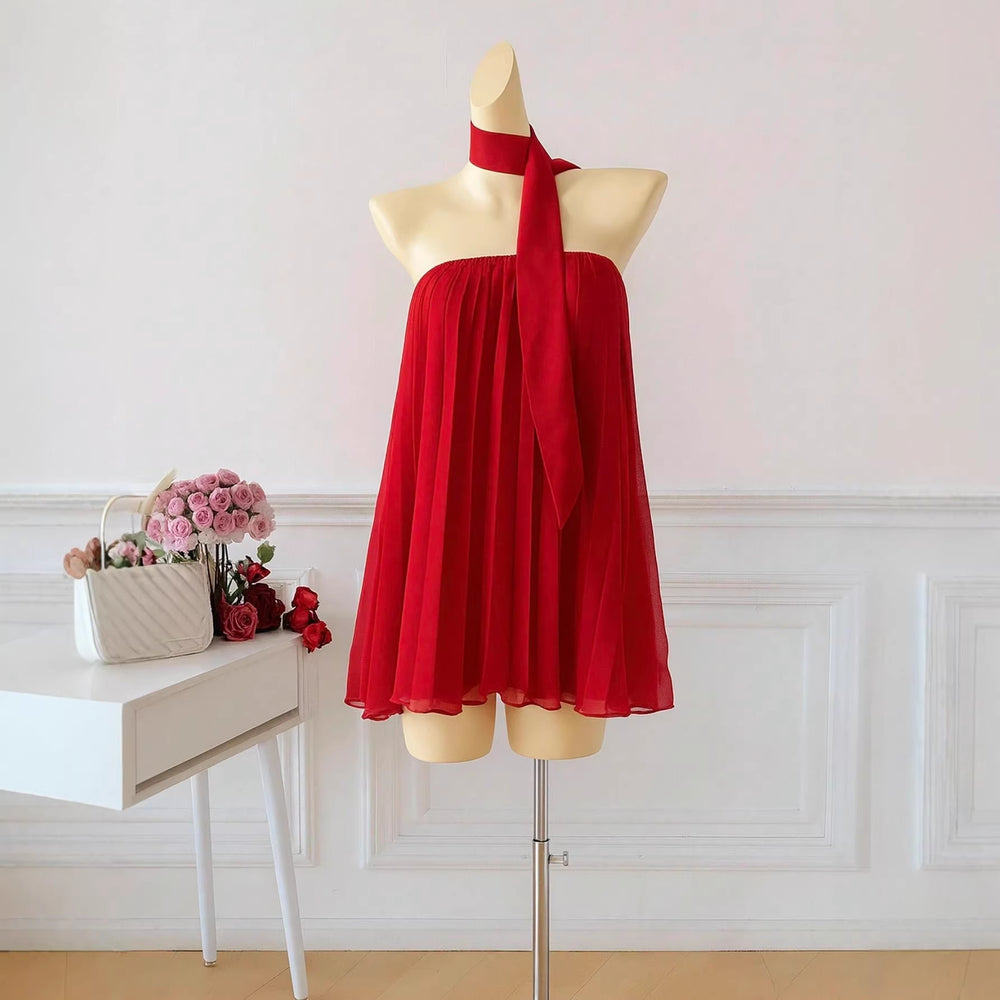 Damen kurzes Sommerkleid mit elegantem Bindegürtel und fließendem Design R&B