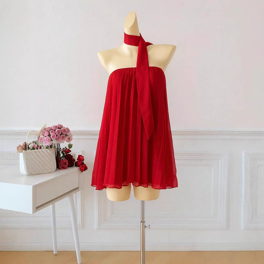 Damen kurzes Sommerkleid mit elegantem Bindegürtel und fließendem Design R&B