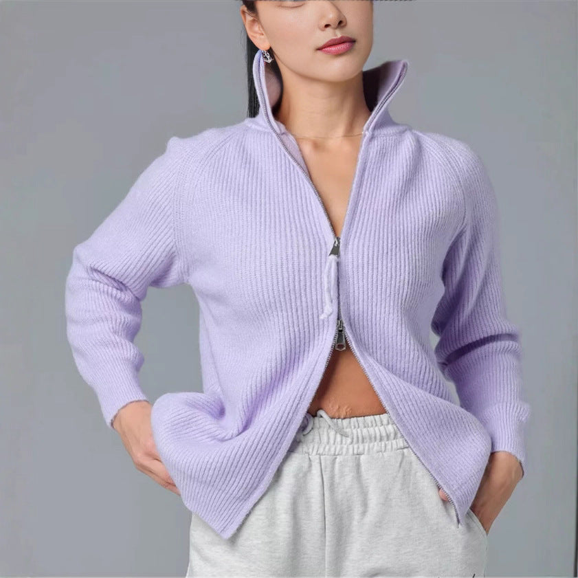Damen Strickjacke mit hohem Kragen und Reißverschluss R&B
