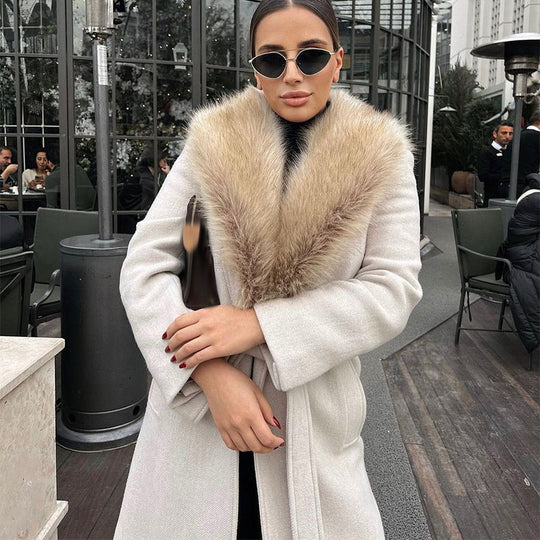 Damen Eleganter Trenchcoat mit gemütlichem Faux-Fur-Kragen und taillierbarem Gürtel R&B