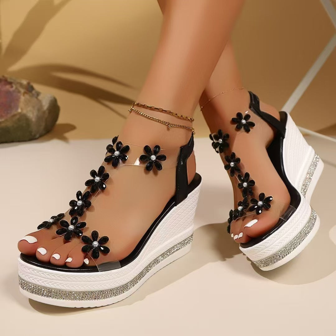 Damen Wedge-Sandalen mit blühendem Schmuckdesign R&B