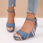 Damen Wedge-Pantoletten mit buntem Muster und elastischem Riemen R&B