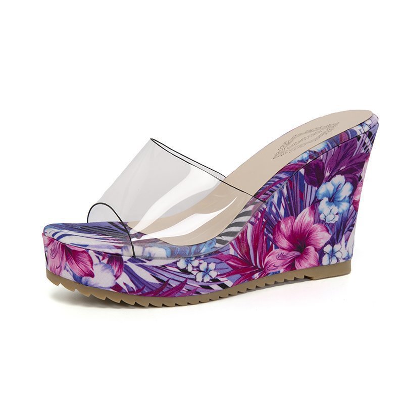Damen nan PVC-Riemen Keilpantoletten mit floral bedruckter Keilsohle und ergonomischem Komfortfußbett R&B
