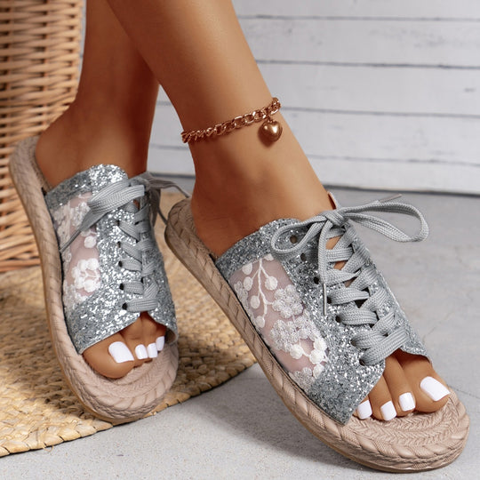 Damen Modische Zehentrenner-Pantoletten mit glitzernden Akzenten und floralen Details R&B