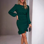 Damen elegantes Wickelkleid mit Rüschen und Puffärmeln R&B