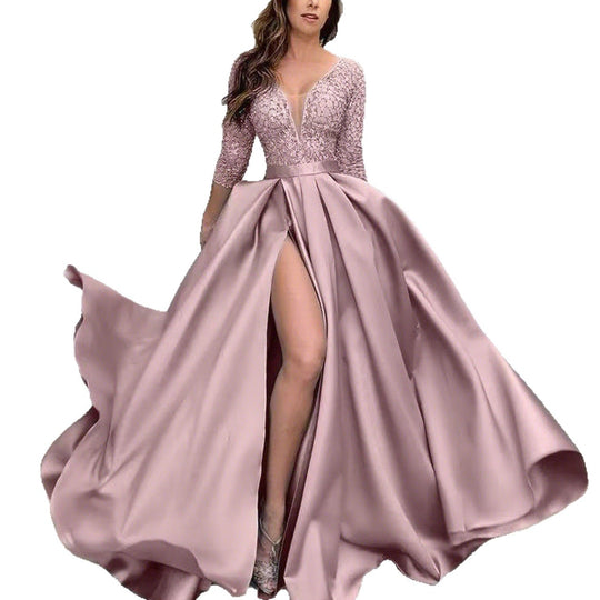 Damen Elegantes Abendkleid mit tiefem Schlitz und aufwendiger Spitzenverzierung R&B