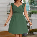 Damen lässiges Sommerkleid mit Rüschenärmel und V-Ausschnitt R&B
