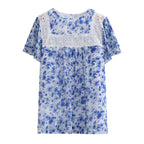 Damen Blumenmuster-Bluse mit Spitzenbesatz R&B