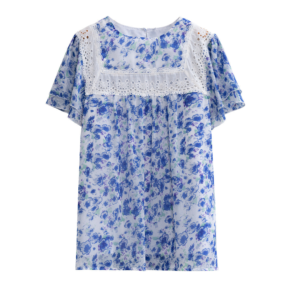 Damen Blumenmuster-Bluse mit Spitzenbesatz R&B