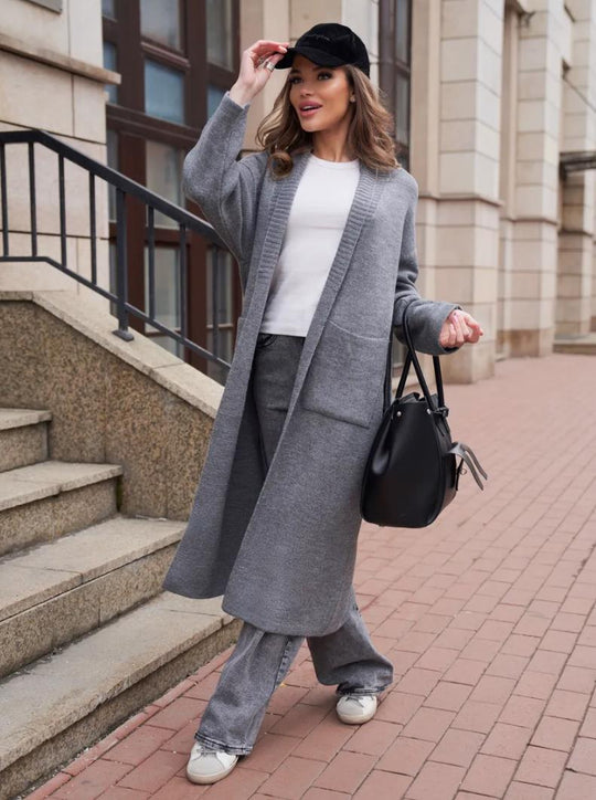 Damen Strickmantel mit tiefem V-Ausschnitt und großen Taschen R&B