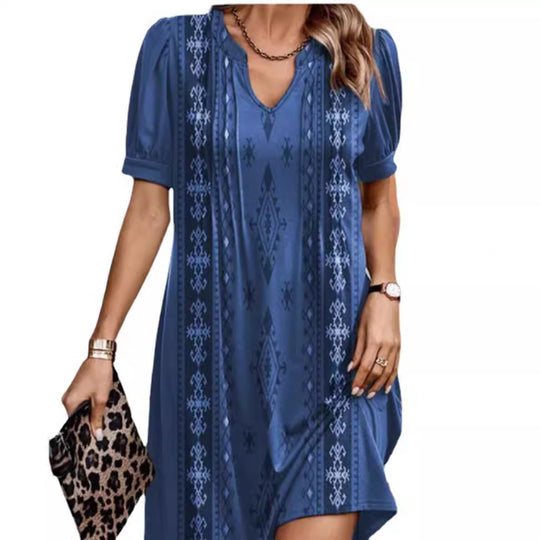Damen nan locker geschnittenes A-Linien-Kurzkleid mit V-Ausschnitt, Volumenärmeln und vertikalem Ethno-Print R&B