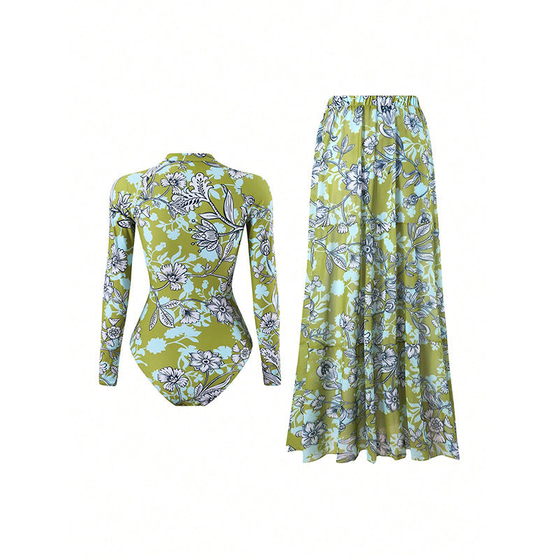 Damen Badeanzug mit langärmligem Design und floralem Maxirock
