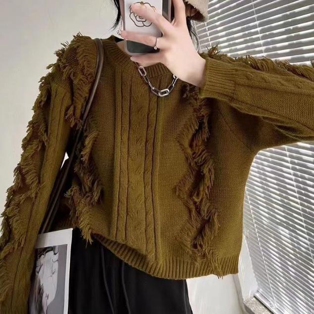 Damen Grobstrickpullover mit fransigen Details und lässigem Schnitt R&B