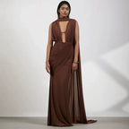 Damen bodenlanges Wickelkleid mit raffinierten Drapierungsdetails und elegantem V-Ausschnitt R&B