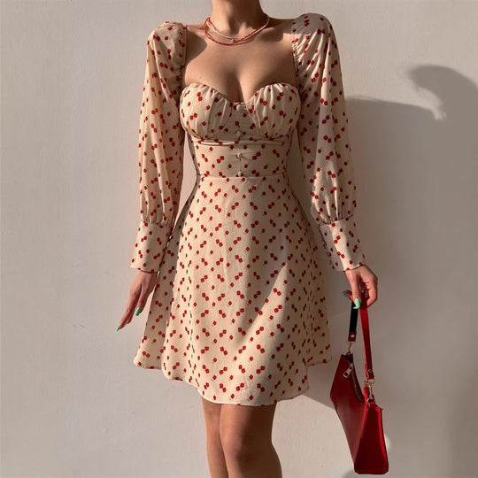 Damen Puffärmel Kleid mit romantischem Blumenmuster und herzförmigem Ausschnitt R&B