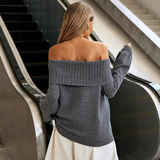 Damen Off-Shoulder-Strickpullover mit weichem Material und voluminösen Ärmeln R&B
