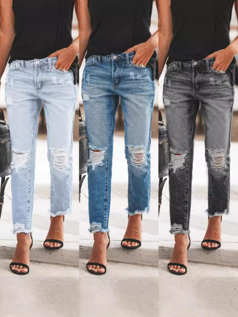 Damen Ripped Denim mit lässigem Schnitt und ausgefranstem Saum R&B