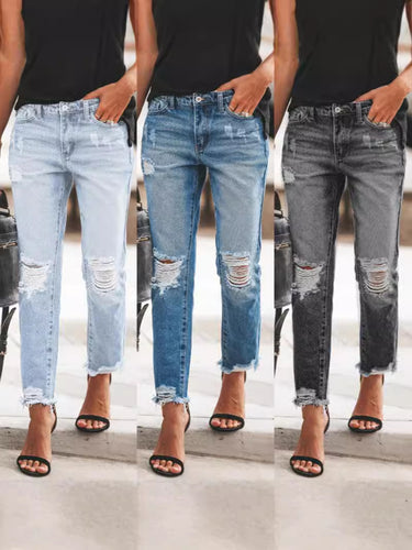 Damen Ripped Denim-Jeans mit lässigem Schnitt und ausgefranstem Saum R&B