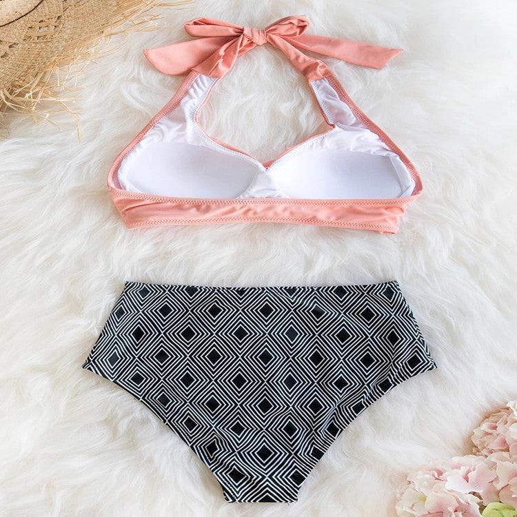 Damen High-Waist Bikini-Set mit elegantem Wickeldesign und modischem geometrischem Muster R&B
