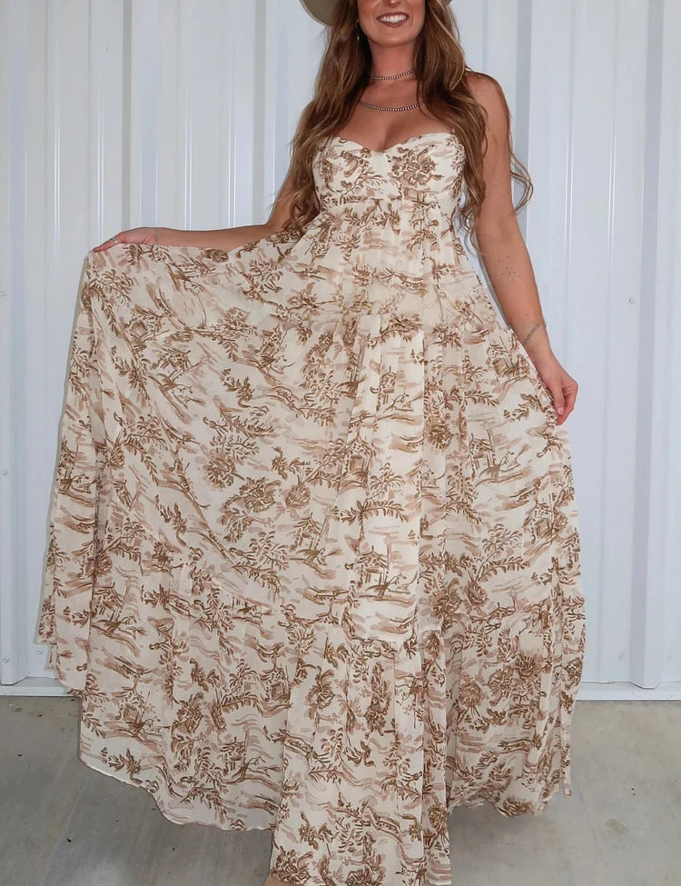 Damen nan trägerloses Korsagen-Maxikleid mit Herzausschnitt, gestuftem Volantrock und nostalgischem Toilemotiv R&B