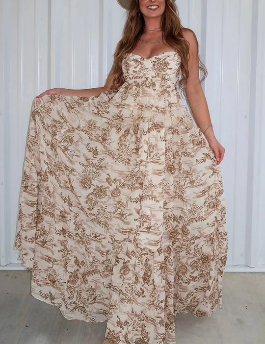 Damen nan trägerloses Korsagen-Maxikleid mit Herzausschnitt, gestuftem Volantrock und nostalgischem Toilemotiv R&B