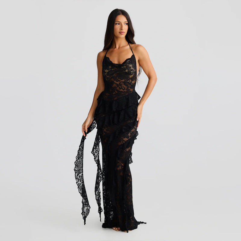 Damen verführerisches Spitzenkleid mit asymmetrischem Saum und Rüschendetails R&B