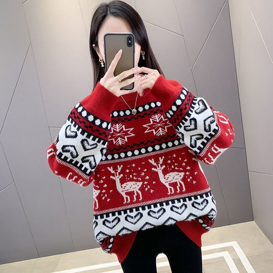Damen Grobstrickpullover mit festlichem Rentiermotiv und modernem Design R&B
