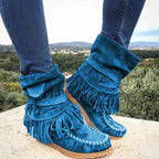 Damen Mokassin-Stiefel mit fransigen Details und modischer Schnalle R&B