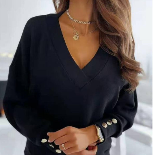 Damen lässiger V-Ausschnitt Pullover mit weiten Ärmeln und weichem Stoff R&B