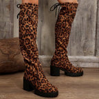 Damen Überknee-Stiefel mit modischem Leopardenmuster und robustem Blockabsatz R&B