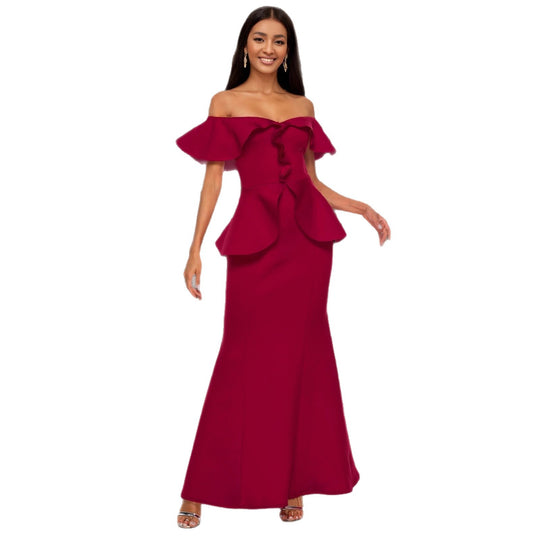 Damen elegantes Abendkleid mit schulterfreiem Design und voluminösem Saum R&B