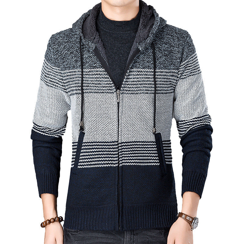 Herren Strickjacke mit Kapuze und modernen Blockstreifen R&B