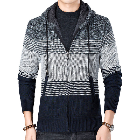 Herren Strickjacke mit Kapuze und modernen Blockstreifen R&B