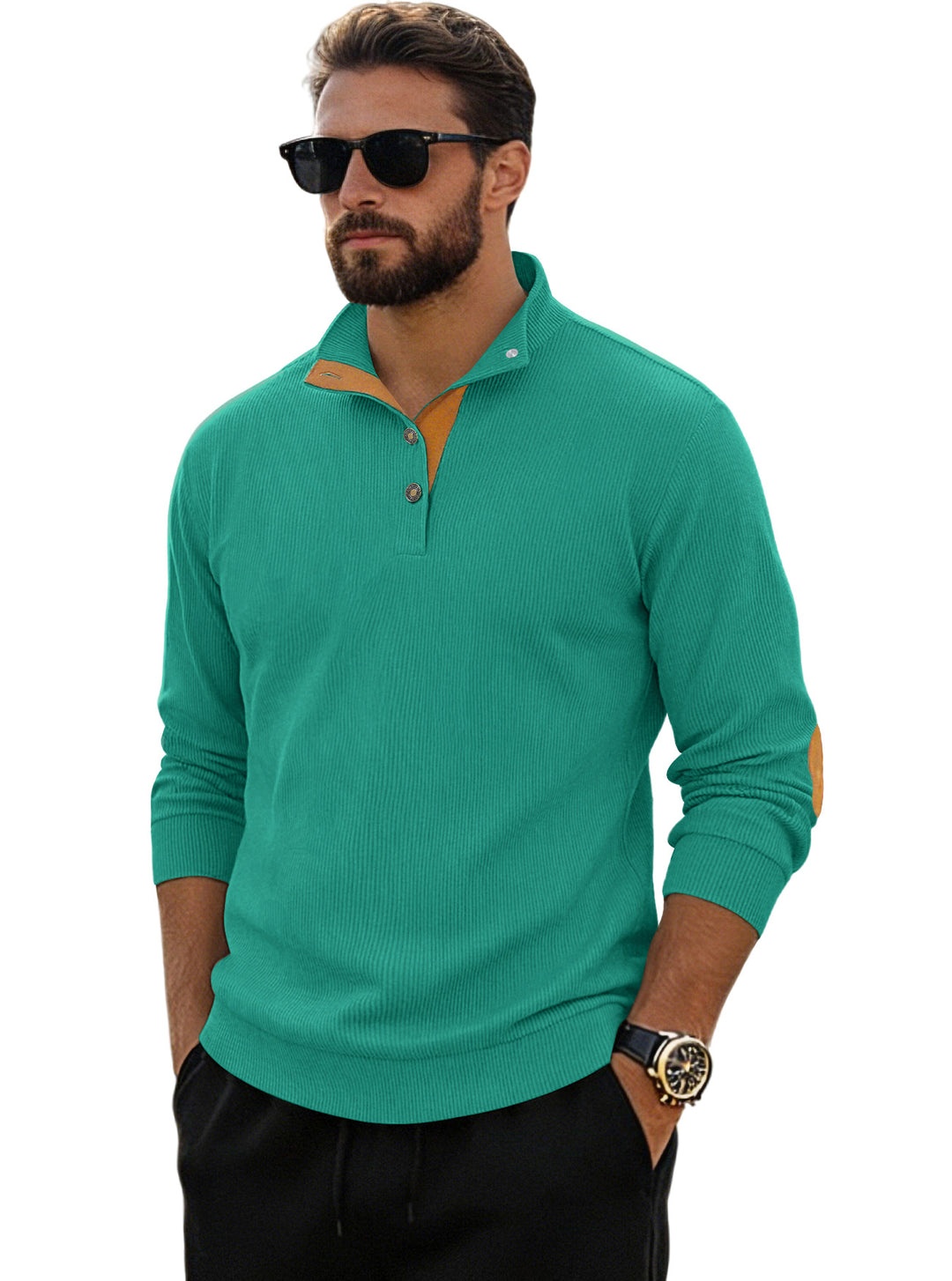 Herren nan fein gerippter Strickpullover mit Polokragen Knopfleiste und Ellenbogenbesatz R&B