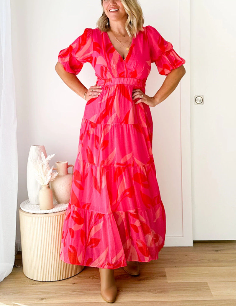 Damen nan ausgestelltes Maxikleid mit V-Ausschnitt, elastischer Unterbrustnaht und gestuftem Rock R&B