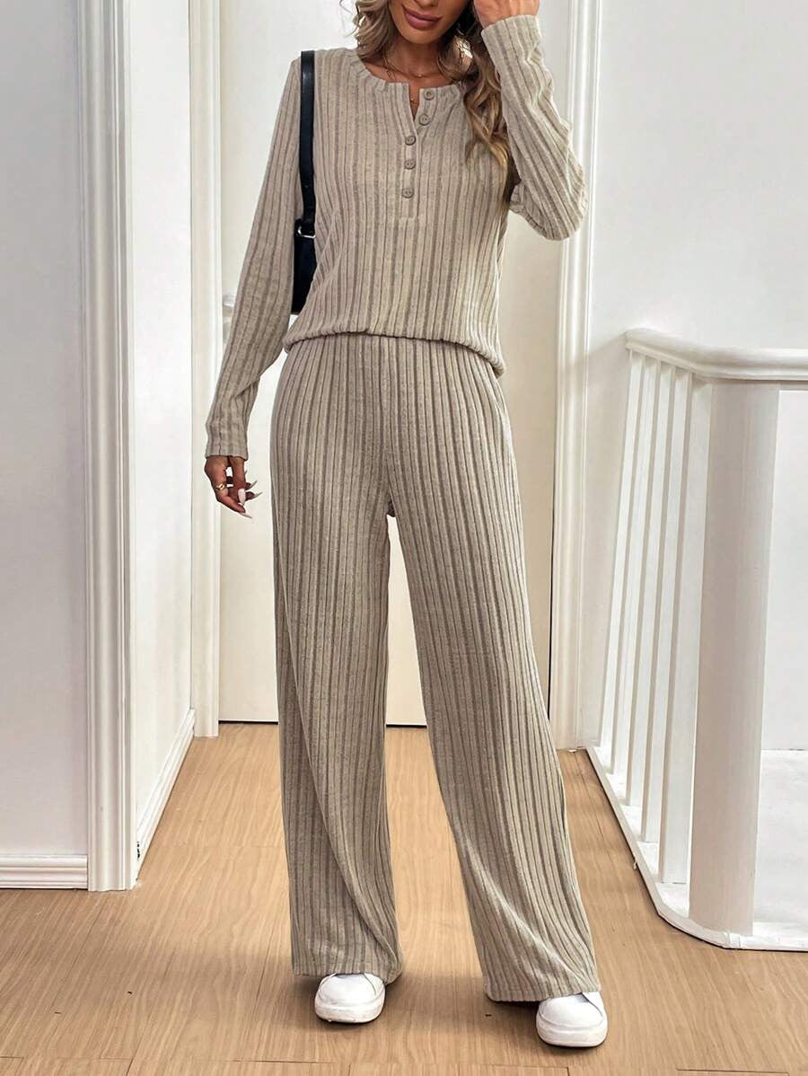 Damen Lässiges Lounge-Set mit strukturiertem Rippenmuster und Knopfdetail