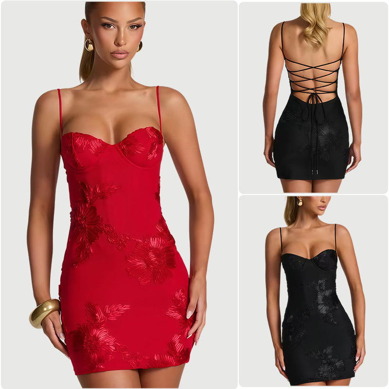 Damen Bodycon Minikleid mit floralem Spitzenbesatz und trägerlosem Design R&B