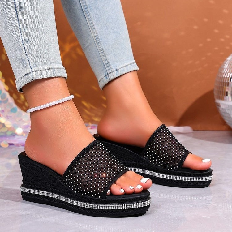 Damen Bequeme Wedge-Pantoletten mit funkelnden Strass-Applikationen R&B