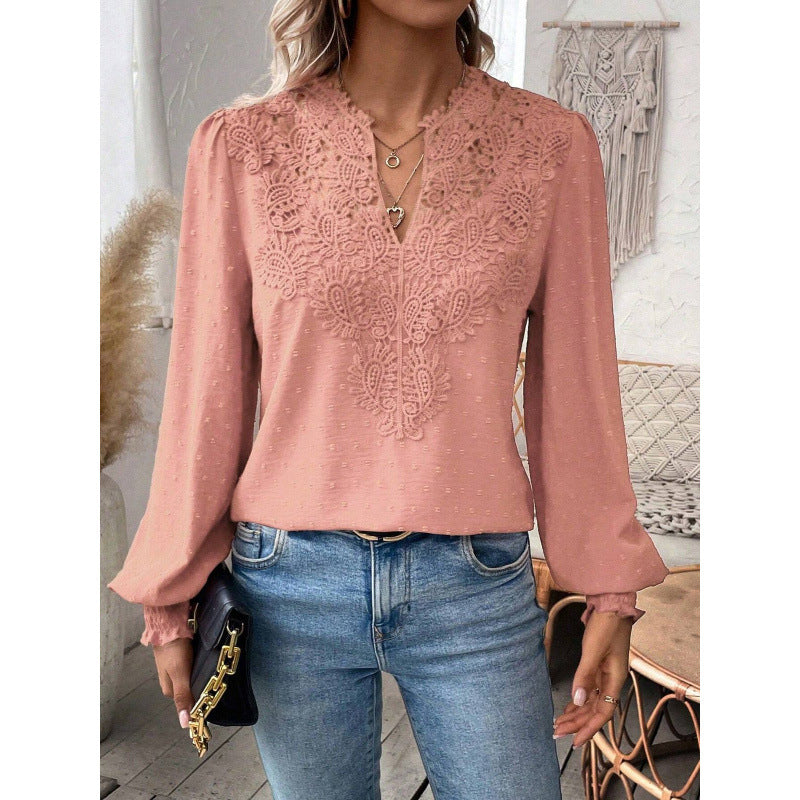 Damen Bluse mit gesticktem V-Ausschnitt und langen Ärmeln R&B