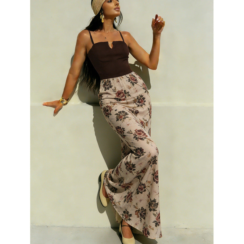 Damen Maxi-Kleid mit modischem Blumenmuster und schmalen Spaghettiträgern R&B