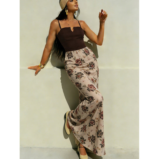 Damen Maxi-Kleid mit modischem Blumenmuster und schmalen Spaghettiträgern R&B