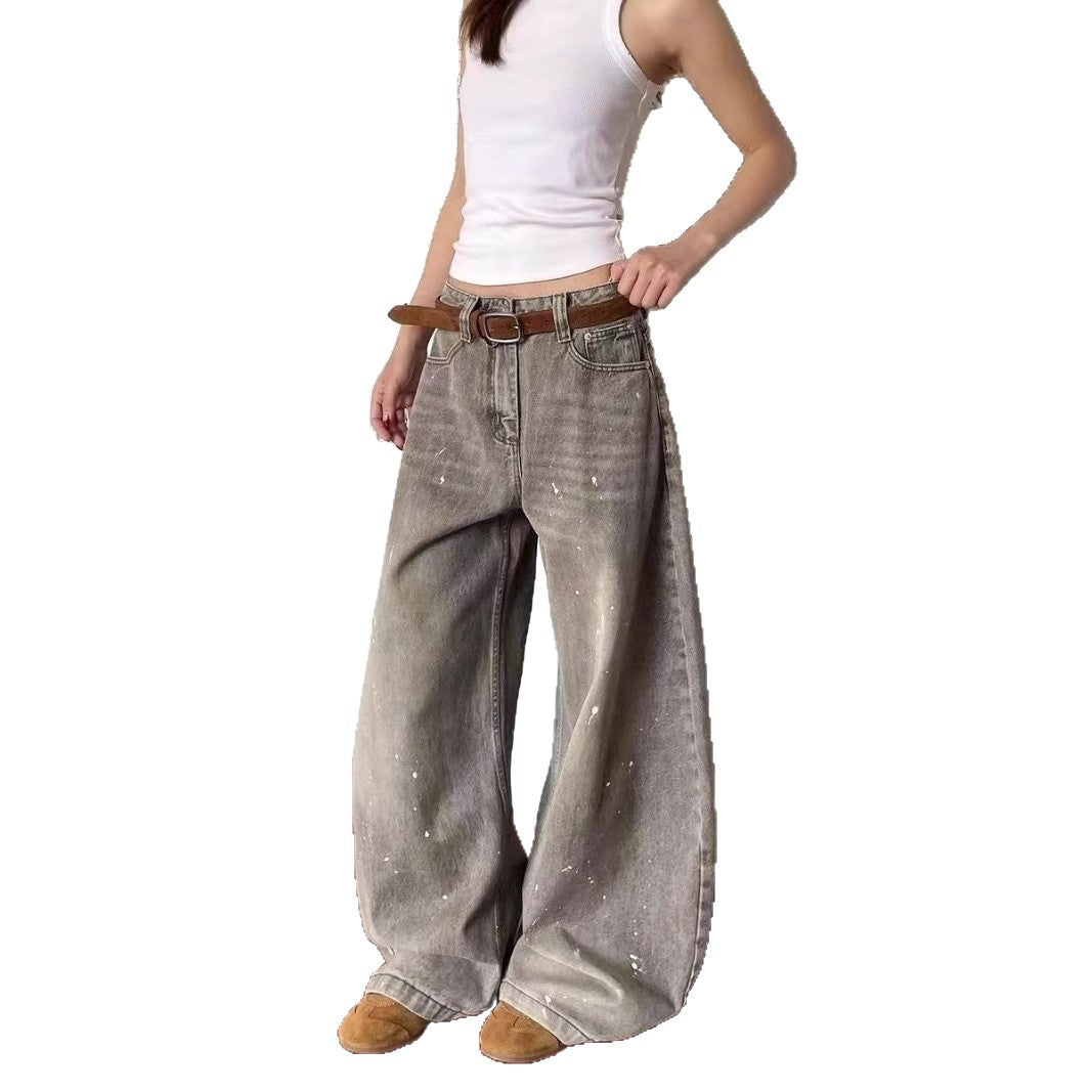 Damen weite Jeanshose im Vintage-Stil mit lässigem Schnitt und kreativen Farbdetails R&B