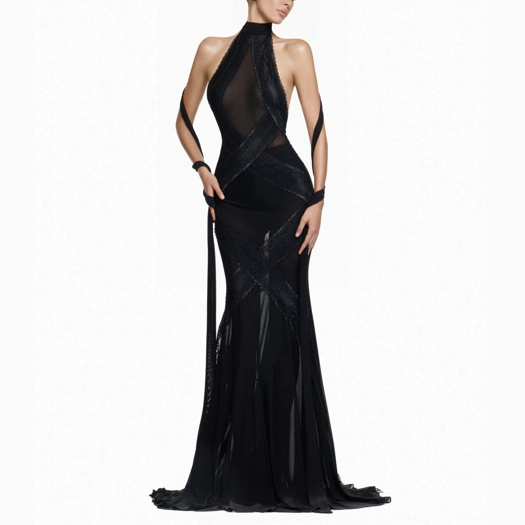 Damen Glamouröses Langarmkleid mit transparenten Einsätzen und raffinierten Drapierungen R&B