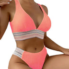 Damen Bikini mit hohem Beinausschnitt und elastischem Streifenmuster R&B