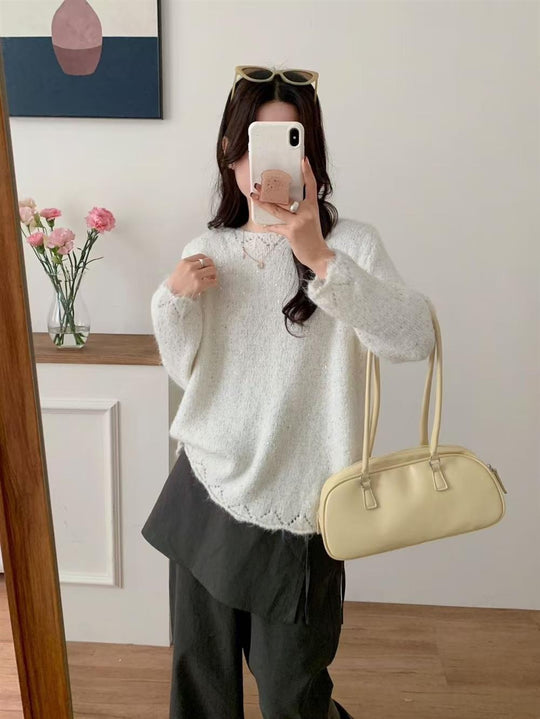 Damen Flauschiger Strickpullover mit glänzenden Akzenten und lockerem Schnitt R&B