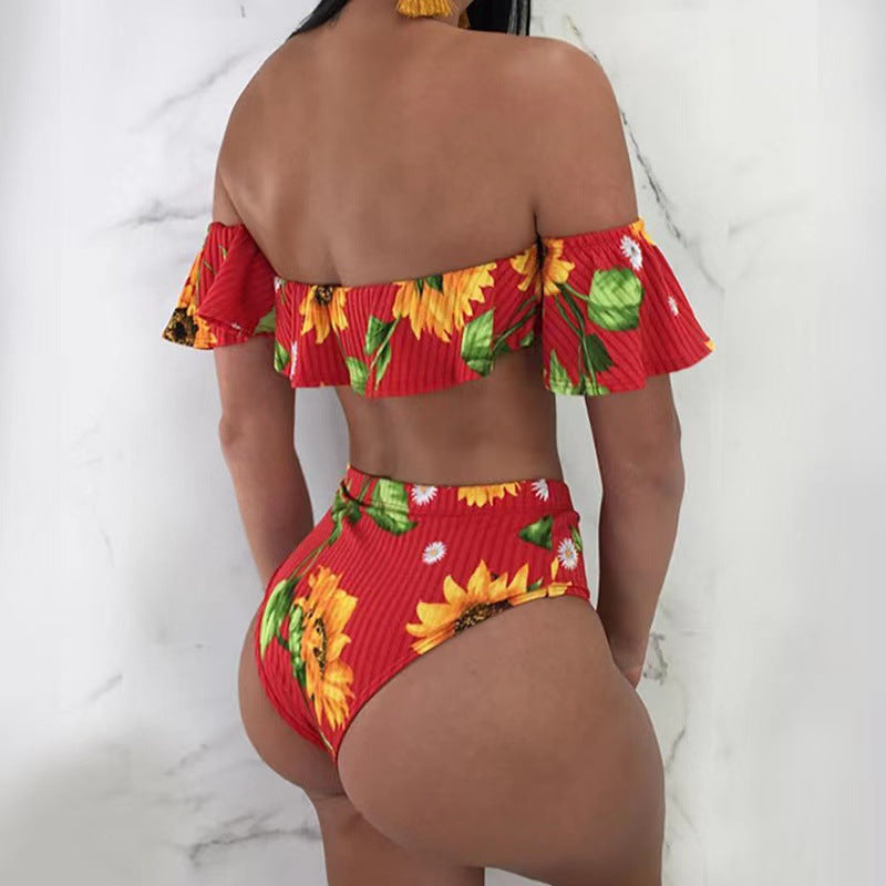 Damen Bikini-Set mit floralem Rüschendesign und hohem Taillenslip R&B
