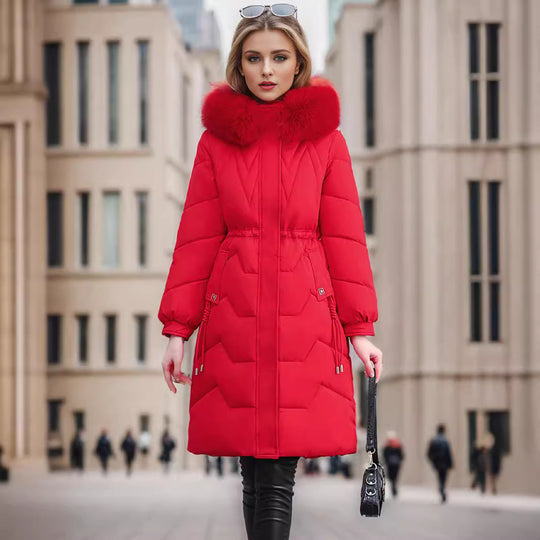 Damen eleganter und isolierter Wintermantel mit abnehmbarem Kunstfellkragen R&B
