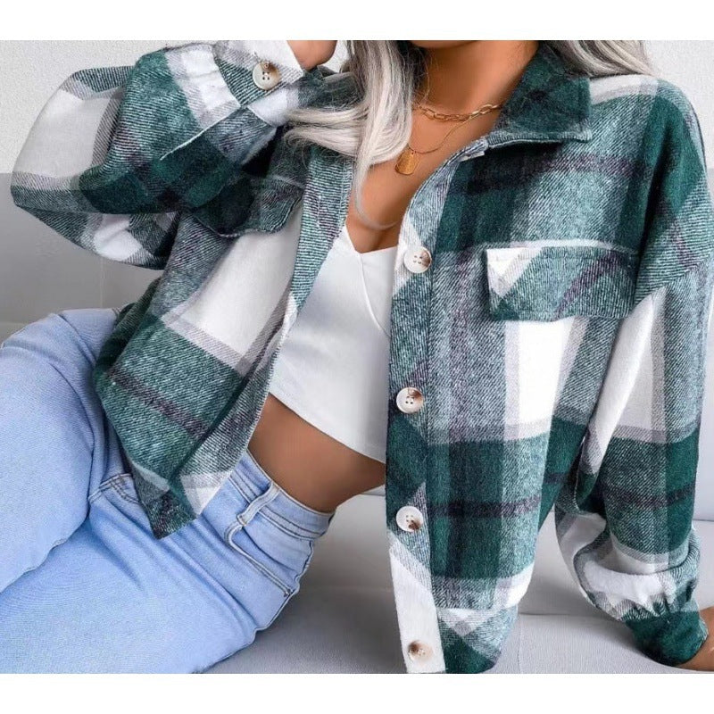 Damen karierte Flanelljacke mit Knopfverschluss und Brusttasche R&B